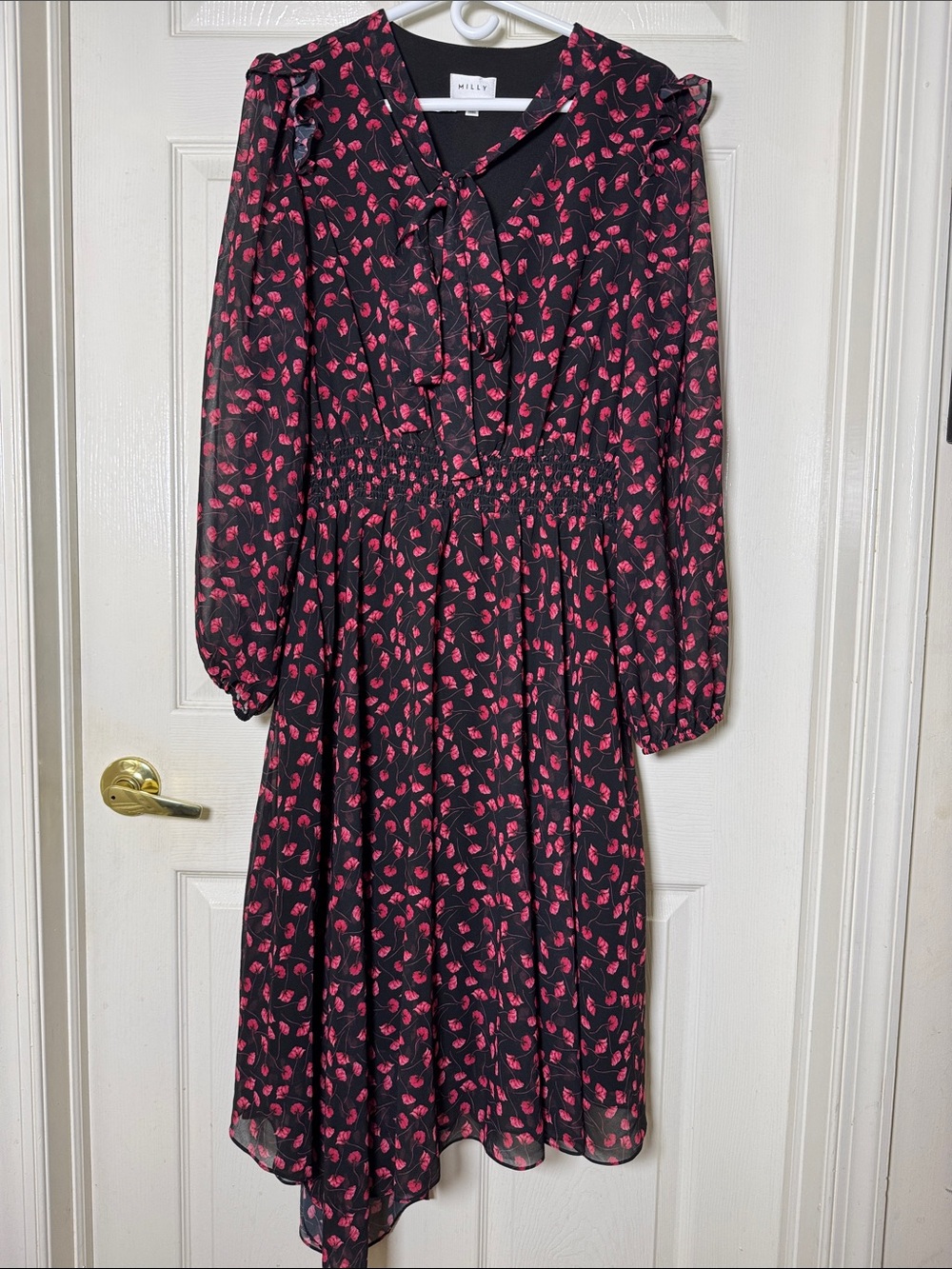 Milly Asymmetrical Black Midi Dress with Pink Floral Motif Sz Large